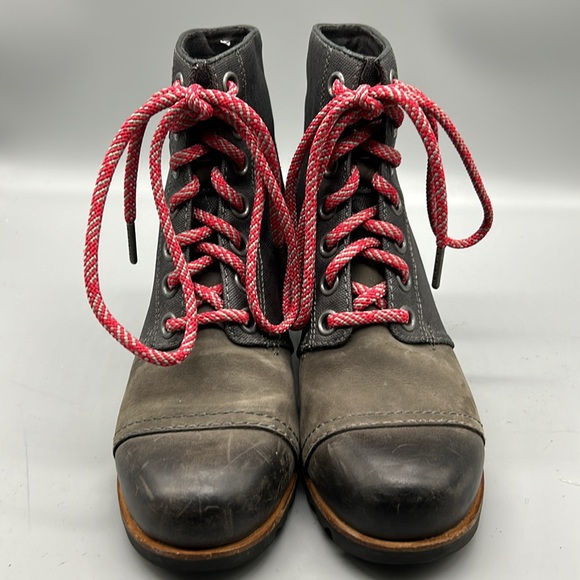 SOREL PDX GRAY LEATHER CANVAS LUG SOLE HIDDEN WEDGE HEEL LACE UP BOOT SIZE 8.5 - Picture 3 of 10